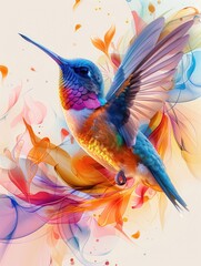 Vibrant and colorful abstract illustration of a flying hummingbird.