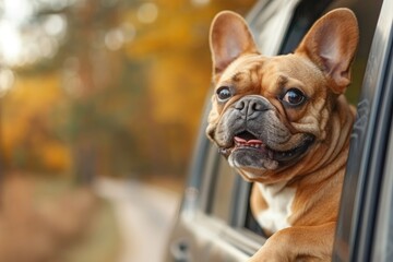 Happy French Bulldog with tongue out enjoying a ride in the car