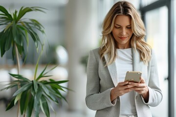 A professional woman utilizing her smartphone to stay connected and productive in her busy work environment.