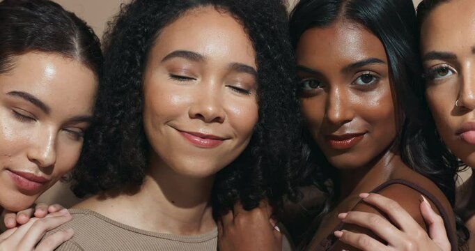 Face, women or group in studio for makeup, skincare or wellness with diversity, inclusion for cosmetics. Support, shine and people hug with glow, beauty results for dermatology on background