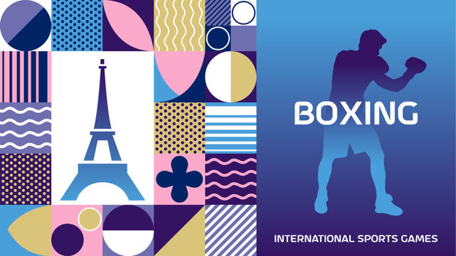 International sports boxing poster background. Banner of Paris summer world sports competition
