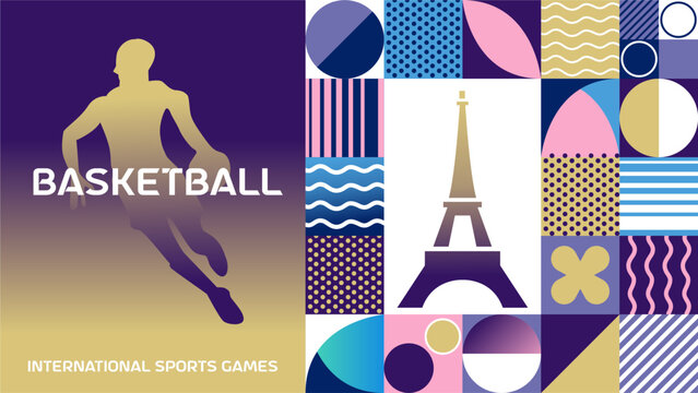 International sports basketball poster background. Banner of Paris summer world sports competition