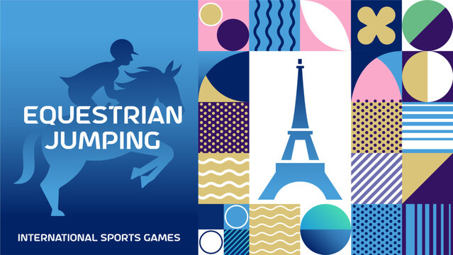 International sports equestrian jumping poster background. Banner of Paris summer world sports competition