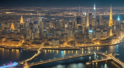 Fototapeta premium Beautiful City skyline at night with illuminated buildings and a river.