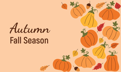 Autumn leaf fall. Background with pumpkins and leaves. Vector autumn illustration for banners, web design, splash screen, advertising