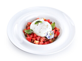 Burrata cheese with tomatoes, edible flower and basil, on a plate on a white background.