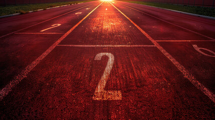 A photograph of a red running track with lanes numbered 1, 2, and 3, close-up view