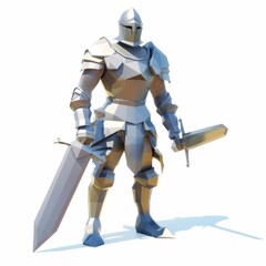 3D Render, Low Poly style of heroic knight in shining armor standing in a courtyard, on isolated white background, Generative AI