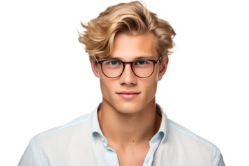 Handsome young blond man wearing eyeglasses and shirt isolated on transparent background PNG for professional portraits and design projects
