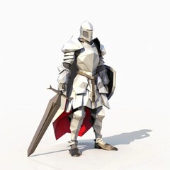 3D Render, Low Poly style of heroic knight in shining armor standing in a courtyard, on isolated white background, Generative AI