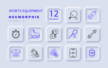 Sports equipment set icon. Stopwatch, ice skate, boxing gloves, tennis racket, dumbbell, jersey, running shoe, shuttlecock, scoreboard, fitness tracker, water bottle, table tennis.