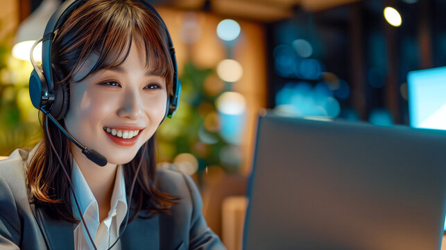 Professional woman with headset in a sleek office, providing customer support