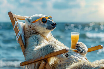 on beach, polar bear character with fresh cold drink in tropical summer vacation, Generative AI