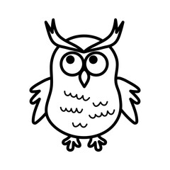 Cute line art owl. Funny doodle owl character. Coloring book for kids. Nursery art style.