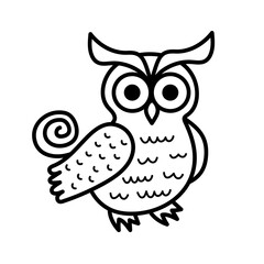 Cute line art owl. Funny doodle owl character. Coloring book for kids. Nursery art style.