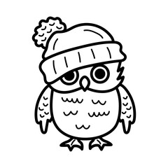Cute line art owl in hat. Funny doodle owl character. Coloring book for kids. Nursery art style.