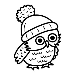 Cute line art owl in hat. Funny doodle owl character. Coloring book for kids. Nursery art style.