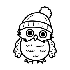 Cute line art owl in hat. Funny doodle owl character. Coloring book for kids. Nursery art style.