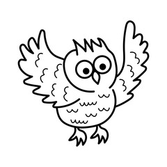 Cute line art flying owl. Funny doodle owl character. Coloring book for kids. Nursery art style.
