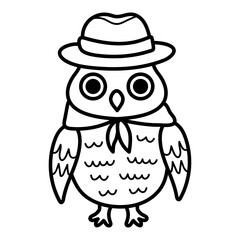 Cute line art owl in hat and scarf. Funny doodle owl character. Coloring book for kids. Nursery art style.