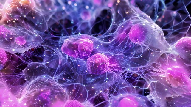 A microscopic view of neural precursor cells undergoing mitosis producing new cells that will eventually become neurons.