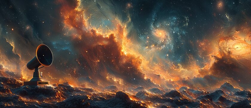 A retro phonograph set against a snowy, rocky alien landscape with a stunning starry sky and distant planets, merging vintage music with cosmic scenery.