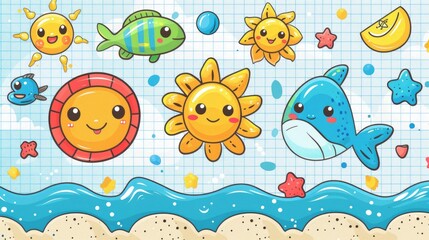  Cute cartoon beach day pattern, with colorful icons of suns and surfboards scattered, lined in a white grid, reminiscent of a beach outing