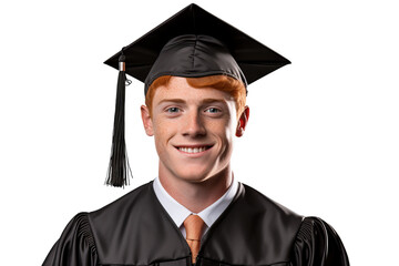 Handsome young ginger man in graduation cap and gown isolated on transparent background ideal for education and achievement concepts