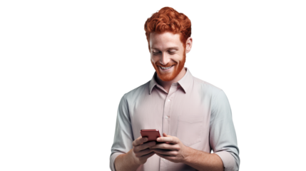 Handsome young ginger man holding a phone, isolated on transparent background