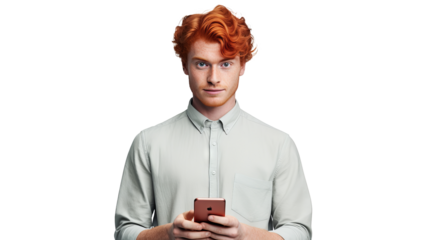 Handsome young ginger man holding a phone, isolated on transparent background