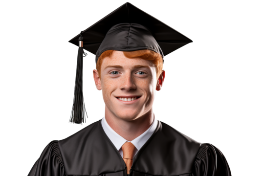 Handsome young ginger man in graduation cap and gown isolated on transparent background ideal for education and achievement concepts - Powered by Adobe