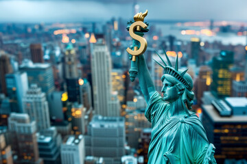 Fototapeta premium The New York city with the Statue of Liberty hold dollar sign in the city Background, Generative AI