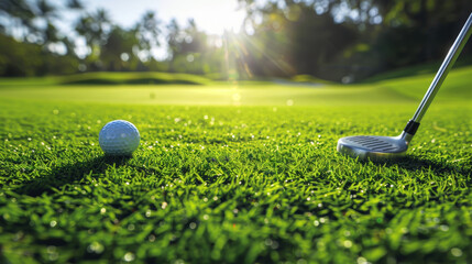 On the Green: Several golf balls are placed strategically on the green lawn, with one ball positioned perfectly at the edge of the hole, ready to be putted in.
