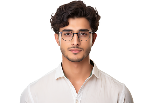 Handsome young Pakistani man with eyeglasses and shirt isolated on transparent background - Powered by Adobe
