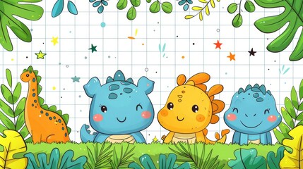 Obraz premium Cute cartoon enchanted castle pattern, with colorful icons of princesses and dragons scattered, lined in a white grid, reminiscent of a fairy tale