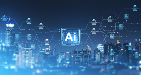 AI and document management system hologram with city skyline © ImageFlow