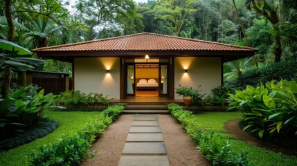 Fototapeta premium A serene wellness retreat in a lush forest, complete with yoga sessions, meditation spots, and nature walks, promoting holistic health and tranquility