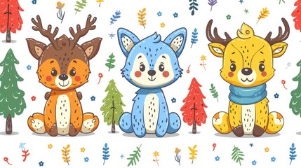 Obraz premium Cute cartoon enchanted forest pattern, with colorful icons of mythical creatures and trees scattered, lined in a white grid, reminiscent of a fairytale book