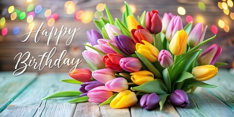 A festive birthday card featuring vibrant tulips and the message Happy Birthday in beautiful calligraphy.