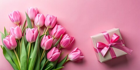 Lovely pink tulips and gift boxes set against a soft pink background, ideal for a special occasion with white space for text.