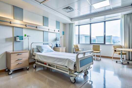Serene empty hospital ward with vacant bed, beeping heart rate monitor, and sterile equipment, evoking a sense of calmness and recovery in a clinical setting.