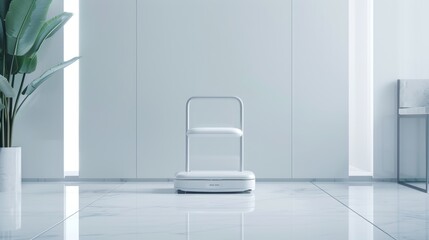 Sleek, futuristic walking aid with built-in air cushioning for maximum comfort and protection, displayed in a minimalistic, clinical environment