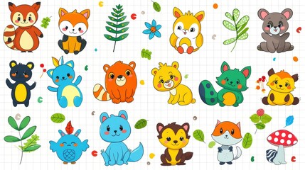  Cute cartoon forest creatures pattern, with colorful icons of animals and plants scattered, lined in a white grid, reminiscent of a nature journal