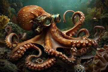 Fototapeta premium A steampunk octopus piloting a submarine, representing the fusion of nature and technology.