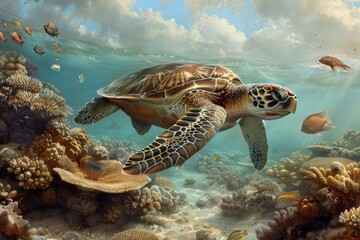 Fototapeta premium A majestic green sea turtle gracefully navigating a vibrant coral reef teeming with life.