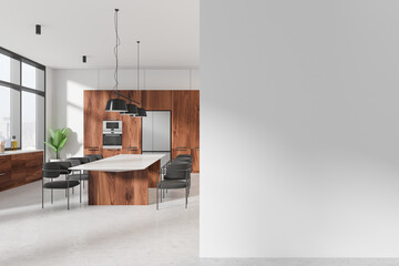 Stylish home kitchen interior with dinner table and cabinet, window. Mockup wall