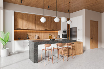 Home kitchen interior with bar counter and cooking cabinet, entrance door