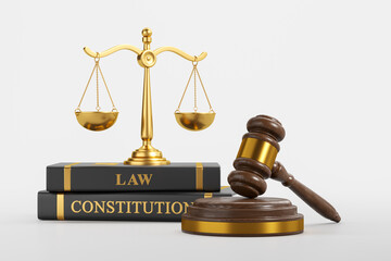 Gavel and law, scales on light background, jurisdiction concept