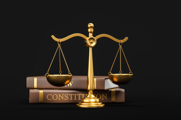 Scales with books on black background, constitution concept