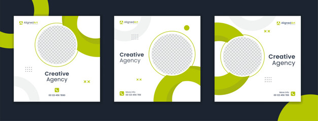 Creative round shape green corporate social media post bundle, circle element business template unique collection, set of digital marketing vector square advertisement